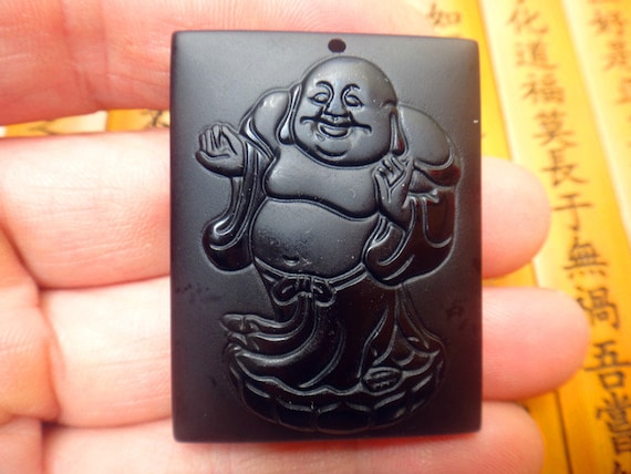 Hand-carved Natural Obsidian Laughing Buddha Maitreya patron Pendant Necklace 