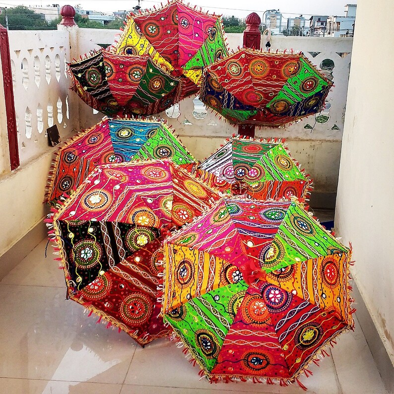 Indian Umbrella Gujarati Floral Embroidered Octagon Cotton ...