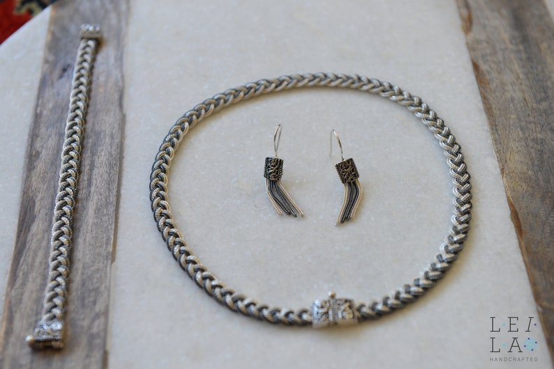 925 sterling silver handcrafted necklace Braided bracelet and earring set