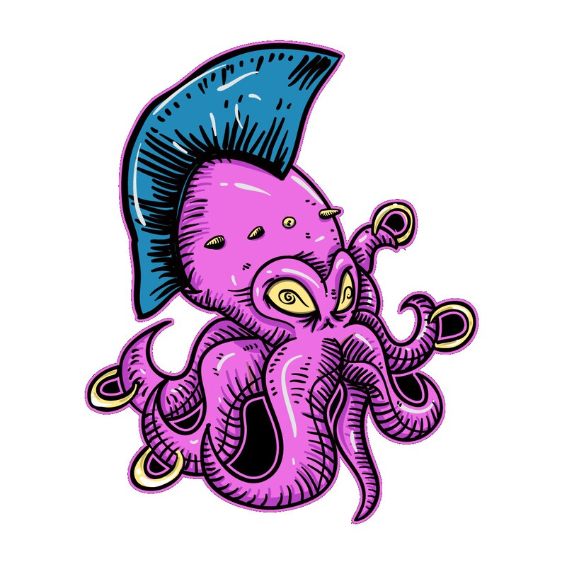 May include: A pink octopus with a blue mohawk and gold rings on its tentacles. The octopus has a cartoonish style and is drawn in a black and white outline.