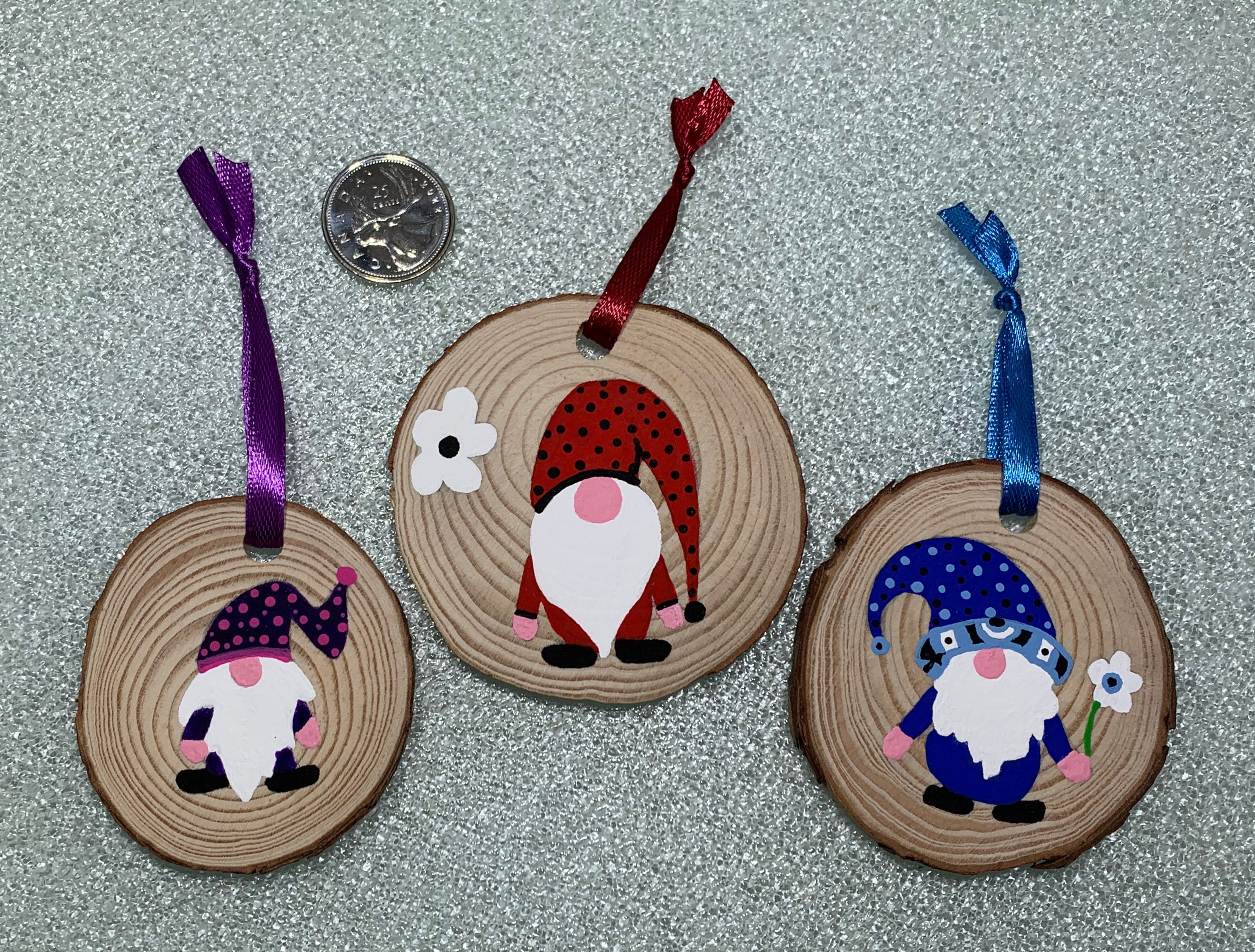 Summer Gnomes - set of 3 - hand painted wood slices