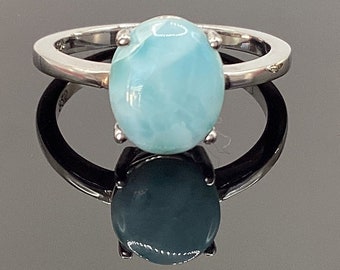 Oval Natural Larimar Ring Solitaire Larimar Ring Larimar Engagement Ring Sweetheart Ring Aqua Larimar Ring Birthday Gift Oval Larimar