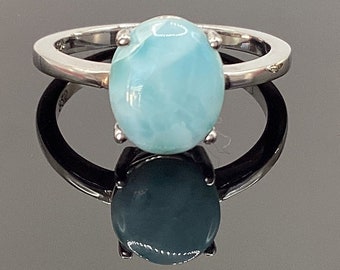 Oval Natural Larimar Ring Solitaire Larimar Ring