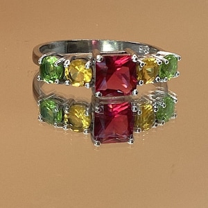 Emerald Cut Garnet, Peridot and Citrine Garden Ring, Size 8 Sterling Silver