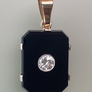 Antieke zwarte onyx diamanten hanger 1/2 kt. Ronde diamant 18k geelgouden VS diamanten ketting vintage jaren 60 onyx hanger verjaardagscadeau