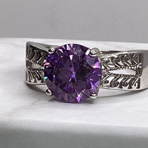 Amethyst Ring Round Purple Zircon Very Nice Ornate Mounting February Birthday Gift February Birthstone Ring Purple Ameythst Zircon