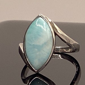 Marquise Natural Larimar Ring Sterling Silver By Pass Mounting Marquise Larimar Birthday Gift Aqua Larimar Ring Caribbean Blue