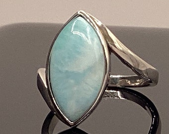 Marquise Natural Larimar Ring Sterling Silver By Pass Mounting Marquise Larimar Birthday Gift Aqua Larimar Ring Caribbean Blue