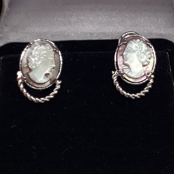 Antique Cameo Earrings Vintage Sterling Silver Mother of Pearl Estate Cameo Earrings 925 Dixelle Sterling Silver Mom Gift Birthday Wedding