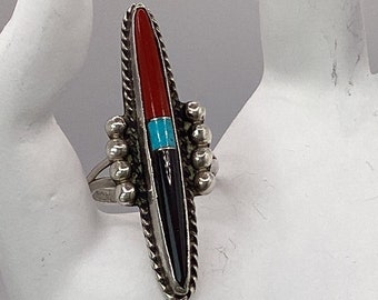 Antique Estate Navajo Turquoise Ring Coral and Black Onyx Vintage Jewelry Size 6.5