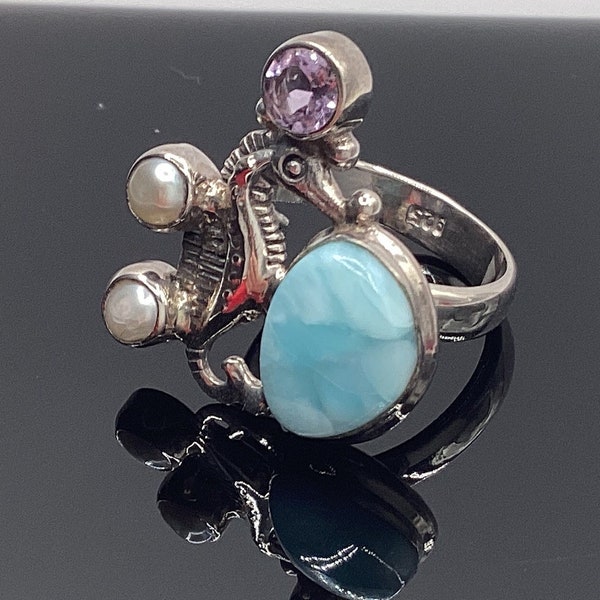 Larimar Ring Genuine Larimar Pearl & Ameythst Estate Seahorse Ring Vintage Larimar Beach Jewelry Seashell Ring