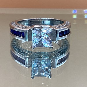 Sapphire Engagement Ring Square Blue Sapphires 1ct Cubic Zirconia Channel Set Sapphires Wedding Ring September Wedding Gift