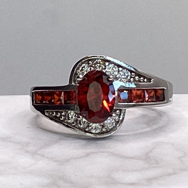 Garnet Ring 10k White Gold Genuine Garnet Ring Oval Garnet Baguettes January Birthstone Sweet Sixteen Gift Birthday Gift