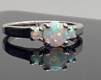 Fire Opal Ring 3 Round stones Beautiful Rainbow Fire Opal Ring October Birthstone