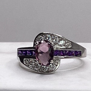Sterling Silver Oval Ameythst Channel Set Ameythst and  Round CZ’s February Birthstone Graduation Gift Birthday Gift