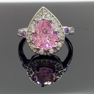 Pear Pink Zircon Halo Ring: Sterling Silver Amethyst CZ, Size 7