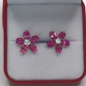 Ruby Flower Earrings with White Topaz July Birthday Sterling Silver