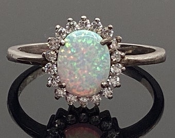 Oval Opal Ring Halo Fire Opal Engagement Birthday Anniversary Fire Opal Ring Halo Rainbow Opal