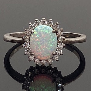 Oval Opal Ring Halo Fire Opal Engagement Anniversary Fire Opal Ring Halo Rainbow Opal Engagement Opal October Birthstone October Birthday