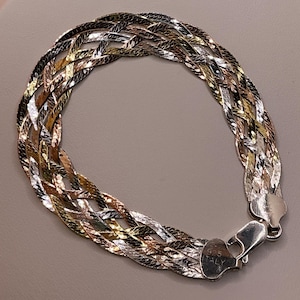 11mm Herringbone Bracelet: Braided Tri Color Sterling Silver 14k Rose Gold and Yellow Gold 6 Braids Lobster claw