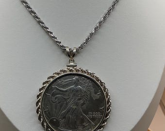 Silver Round 1 oz 2000 American Silver Eagle Coin Necklace Rope Bezel Vintage Estate Pendant Includes 20 inch Rope Chain