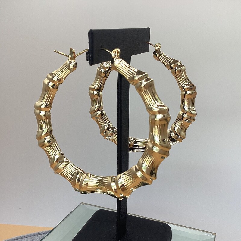 14k Yellow Gold Large Bamboo Hoops