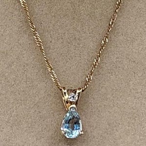 Vintage Aquamarine Necklace 14k Yellow Gold 18 inch chain Teardrop Pear Shaped Natural Stone Genuine Round Diamond