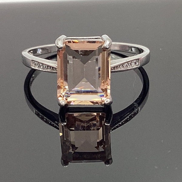 Emerald Cut Morganite Ring Champagne Diamond Morganite Champagne Engagement Emerald Cut Moissanite Engagement