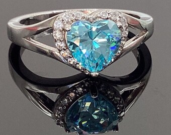 Heart Ring Heart Shaped Blue Topaz Halo Heart Ring March Birthstone, Anniversary Gift Sweetheart Ring Heart Gift Blue Topaz Ring Blue Gift