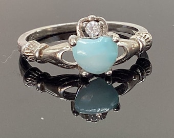 Irish Claddagh Ring Heart Ring Larimar Heart Shaped Larimar St Paddy Valentines Birthday Sweet Sixteen Gift Aqua Larimar Ring Heart Larimar