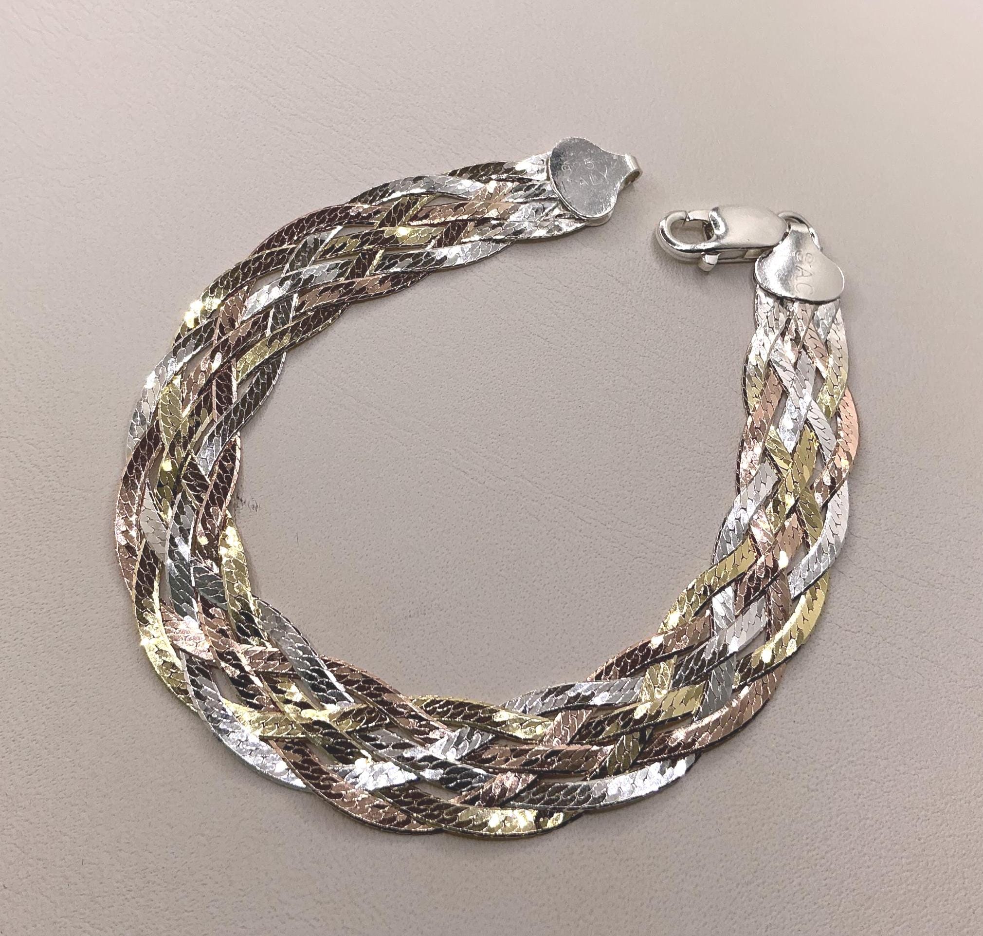Italian 925 Sterling Silver Tri-Color Braided Herringbone Bracelet 3.8g Italian Gold Herringbone Bracelet - Etsy main image 4