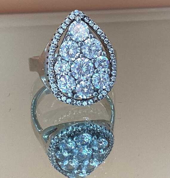 Cubic Zirconia Pear Halo Cluster Ring Art Deco Sterling Silver