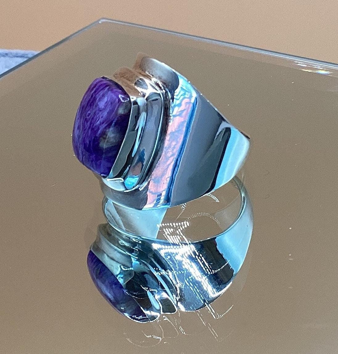 Russian Charoite Ring  Emerald Cut Chunky Shiny Sterling Silver Wide Mounting Statement Ring Purple Charoite Birthday Gift Anniversary