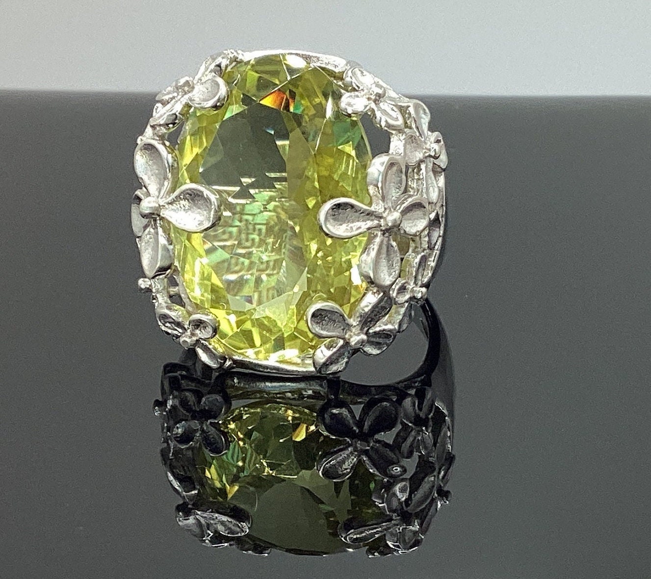 Vintage 26ct Lemon Quartz Custom Made Oval Lemon Quartz Sterling Silver Exotic Flower Design ONE OF A KIND Estate 1990s Lemon Quartz