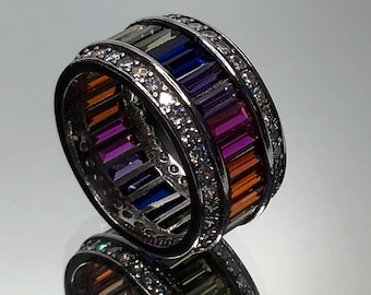 Sapphire Band Channel Set Sapphires Multi Color Sapphires Wedding Band Rainbow Ring Chunky 12mm Size 8 Anniversary Band Birthday Gift