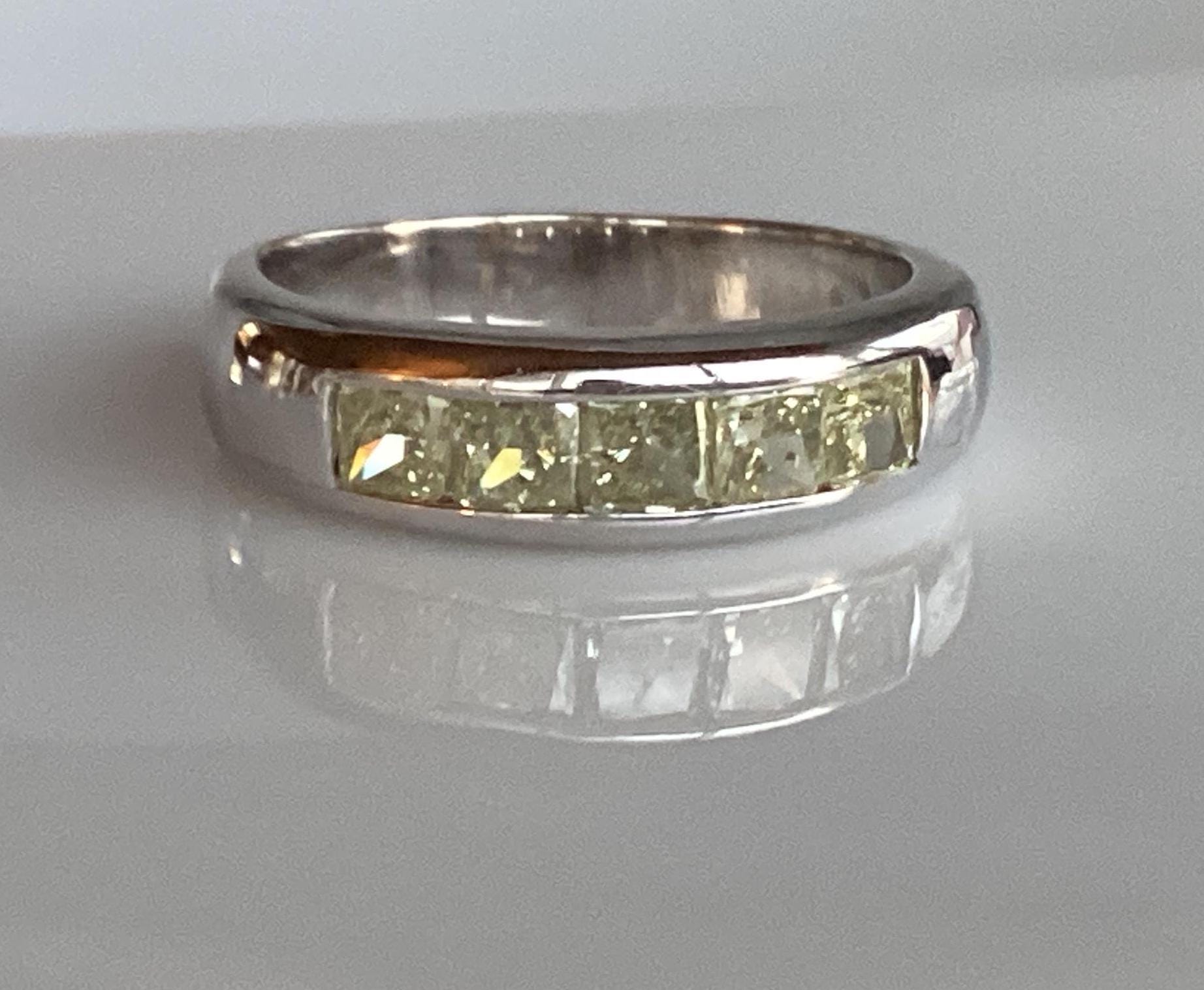 Vintage Fancy Yellow Diamond Band 1.25ct. Princess Cut Anniversary Ring 5 Stone Eternity Band 14k White Gold Wedding Gift