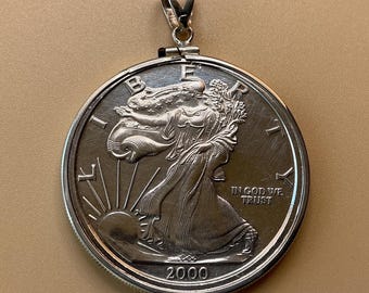1 oz Silver Round Necklace 2000 American Silver Eagle Coin Pendant 925 Bezel Vintage