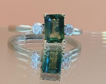 Green Sapphire Ring with (2) .10pt Diamonds 1.15ct Emerald Cut Bi-Color Sapphire 14k Two Tone Mounting Parti Sapphire STUNNING !!