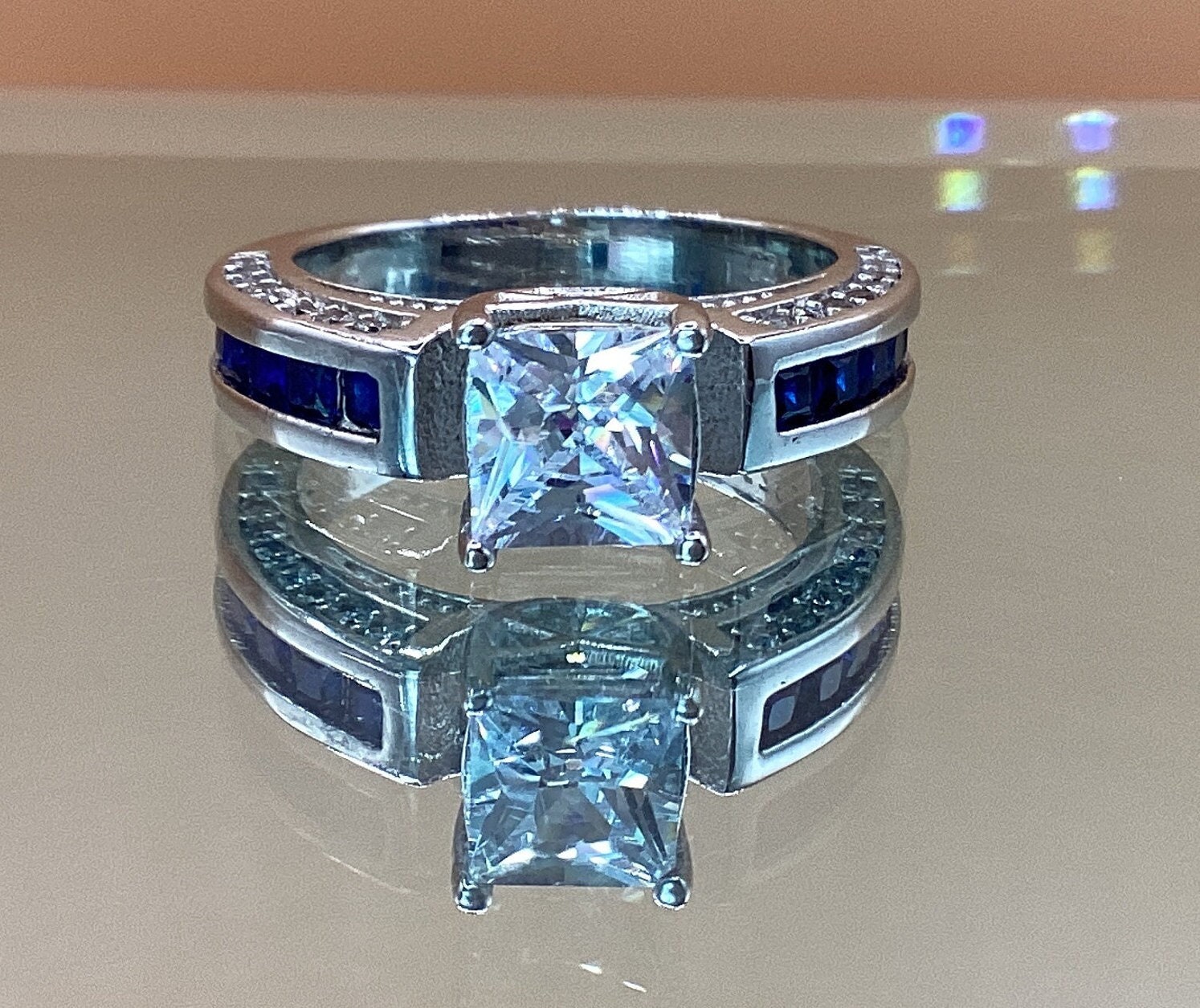 Sapphire Engagement Ring Square Blue Sapphires 1ct Cubic Zirconia Channel Set Sapphires Wedding Ring September Wedding Gift