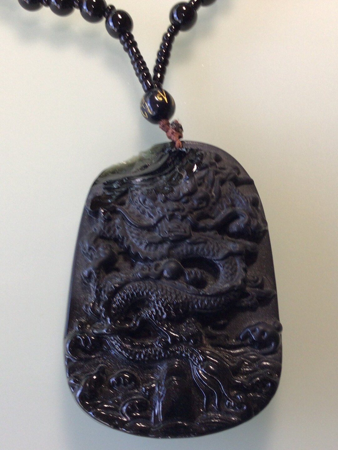 Black Jade Dragon Pendant on Black Bead Necklace 30 Inch Necklace