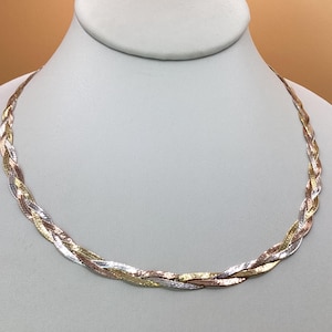5mm Herringbone Chain 3 Braid 925 Sterling Silver 14k Yellow Gold & 14k Rose Gold Tri Color Braided Necklace Mom Gift Birthday