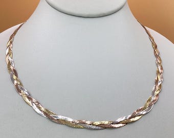 5mm Herringbone Chain 18 inch 3 Braid 925 Sterling Silver 14k Yellow Gold & 14k Rose Gold Tri Color Braided Necklace Mom Gift Birthday