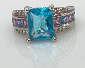 Blue Topaz Ring Large Emerald Cut Blue Topaz with Pink Topaz Channel Set Stones Birthday Anniversary Pink And Blue Gift Twins Gift