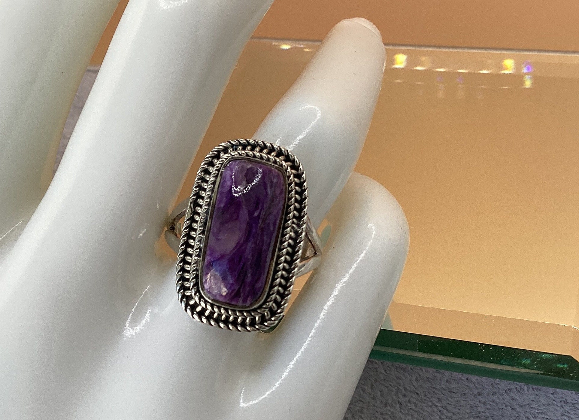 Russian Charoite Ring Finely Crafted Large Elongated Estate Vintage Russian Charoite Gift for Mom Birthday Gift Purple Charoite Ring Gift