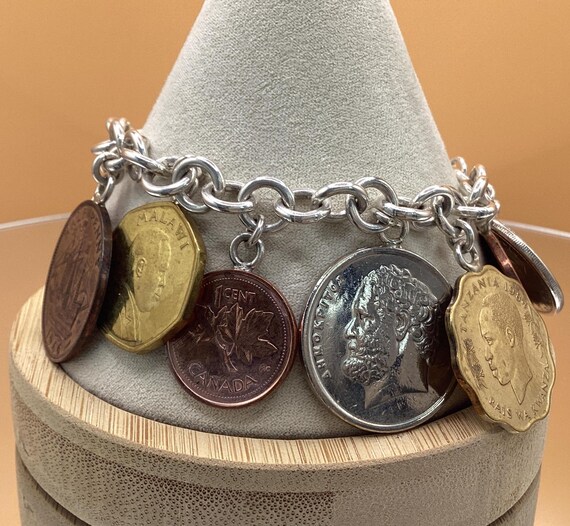 Antique Coin Bracelet Sterling Silver Vintage Charms Estate Portuguese Horse 12 Coins