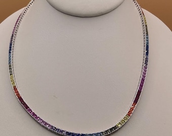 Sapphire Tennis Choker Necklace Channel Set Sterling Silver & Platinum Multi Color Tennis Necklace Rainbow Sapphire  Wedding
