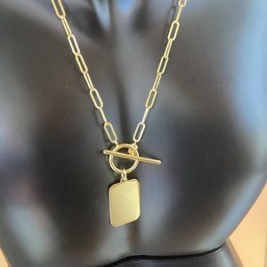 14k Paperclip Necklace 19 inch Link Chain Toggle Catch Rectangular Medallion Charm