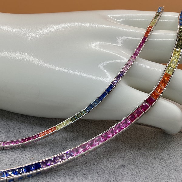 Sapphire Bracelet Multi color Sapphires Channel Set Tennis Bracelet Gift for Engagement Anniversary Birthday Wedding Rainbow Bracelet