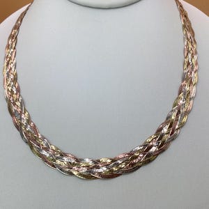 10mm Herringbone Chain 18 inch 4 Braid 925 Italian Silver 14k Yellow Gold & 14k Rose Gold Tri Color Necklace Braided Chain Mom Dad Gift