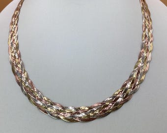 10mm Herringbone Chain 18 inch 4 Braid 925 Italian Silver 14k Yellow Gold & 14k Rose Gold Tri Color Necklace Braided Chain Mom Dad Gift